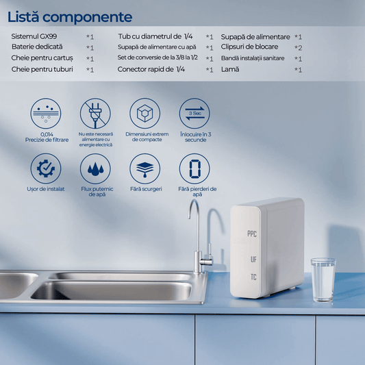 Filtru Apă Potabilă Sub Chiuvetă GX99 UF Compact, 0.01 Microni, 4.5 l/min, 4 Trepte, Baterie Inclusă, Alb