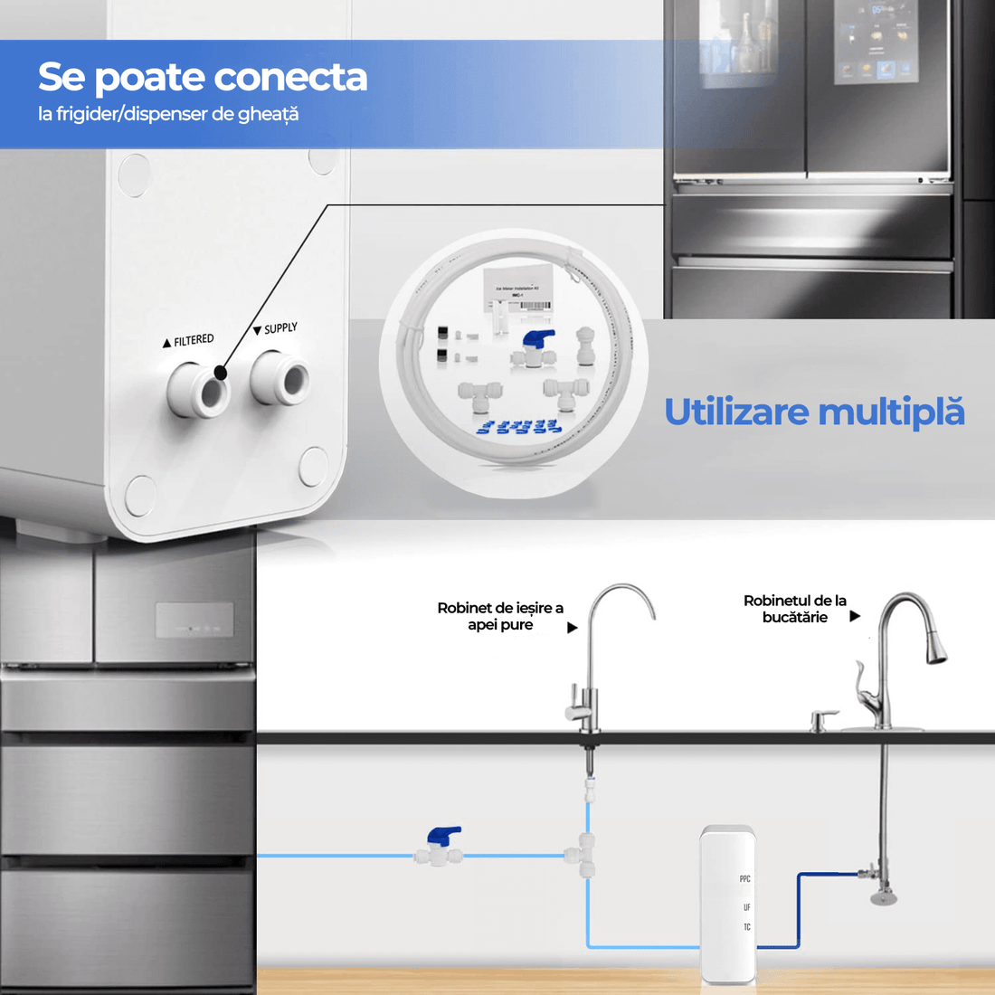 Filtru Apă Potabilă Sub Chiuvetă GX99 UF Compact, 0.01 Microni, 4.5 l/min, 4 Trepte, Baterie Inclusă, Alb