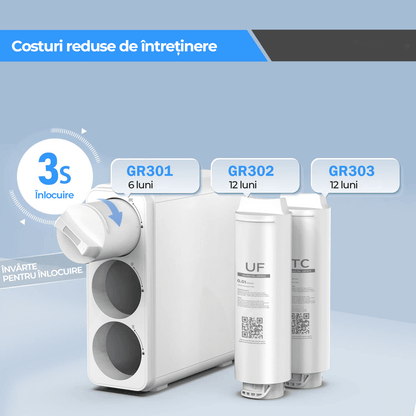 Filtru Apă Potabilă Sub Chiuvetă GX99 UF Compact, 0.01 Microni, 4.5 l/min, 4 Trepte, Baterie Inclusă, Alb