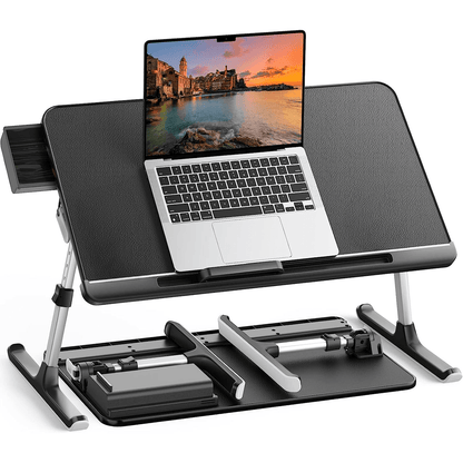 Masă Pliabilă pentru Laptop, Multifuncțională, Ajustabilă, din Piele PVC, Birou Portabil cu Sertar de Depozitare, Negru