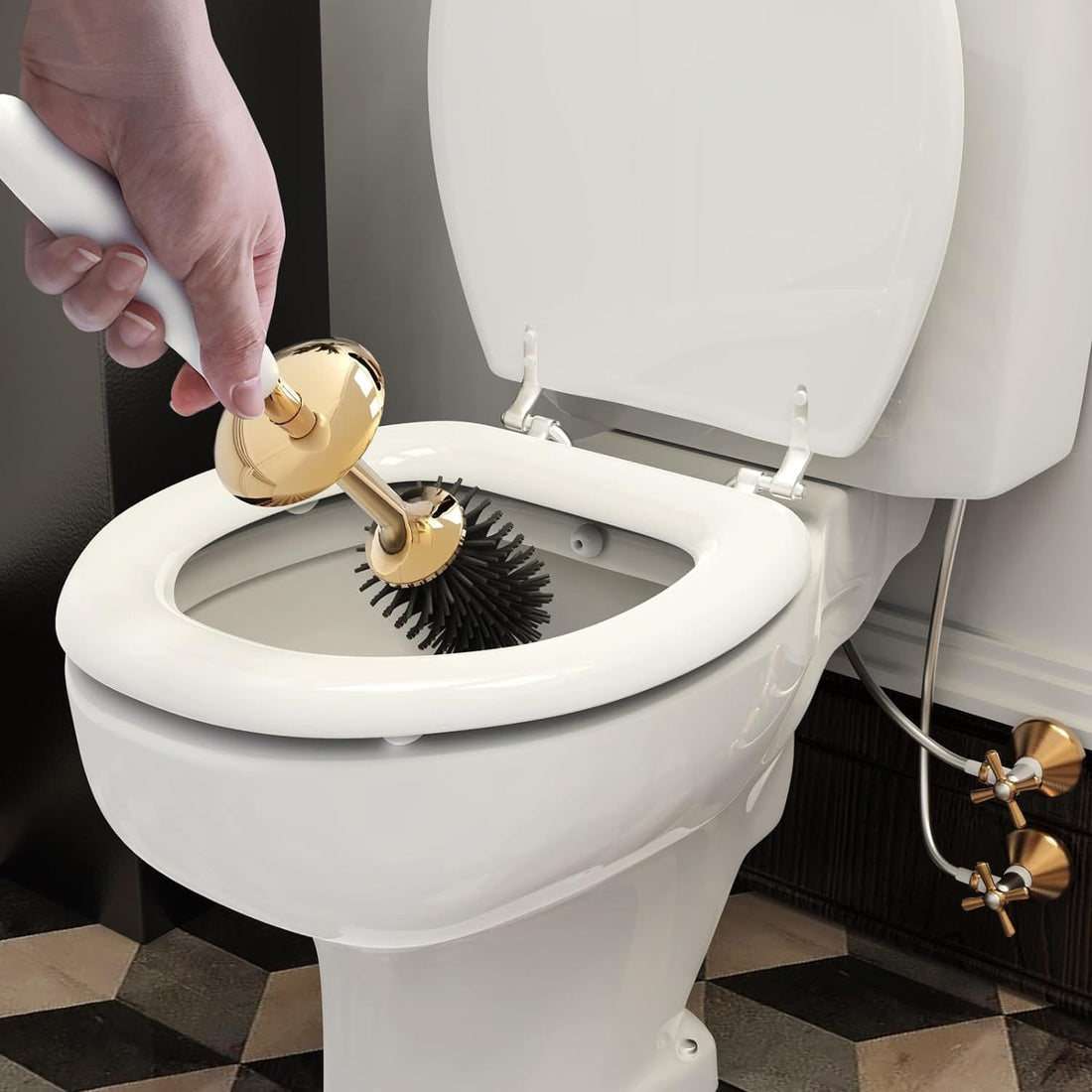 Set Perie Toaletă Silicon 360° Premium, Alb/Auriu, Prindere pe Perete