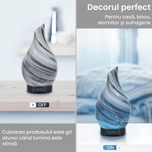 Difuzor Ultrasonic de Uleiuri Esențiale, Aromaterapie și Umidificator de Aer, Rezervor 120 ml, Capac din Sticlă Lucrat Manual, 4 Setări de Timer, Oprire Automată, 7 Culori LED, Gri