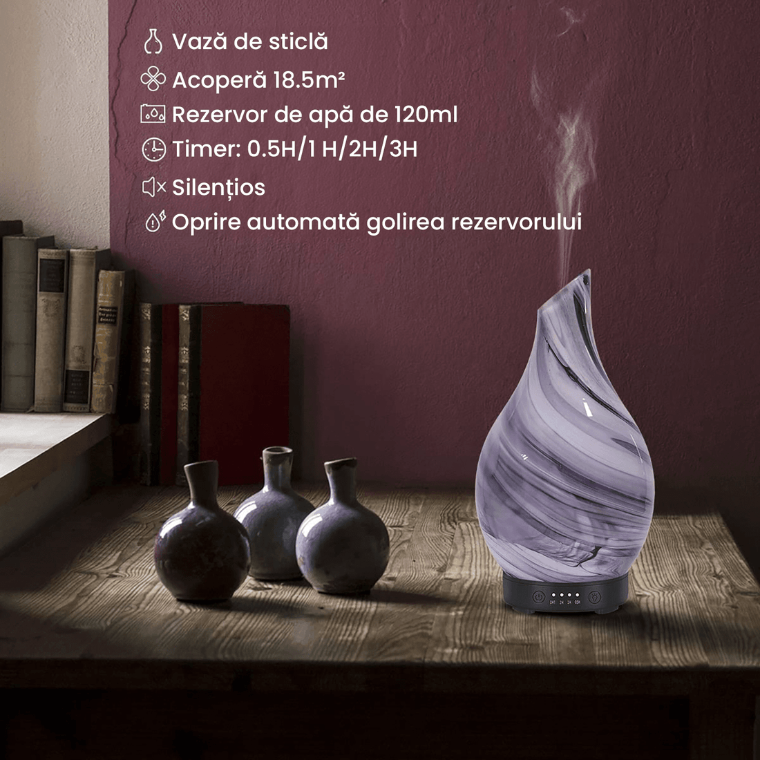 Difuzor Ultrasonic de Uleiuri Esențiale, Aromaterapie și Umidificator de Aer, Rezervor 120 ml, Capac din Sticlă Lucrat Manual, 4 Setări de Timer, Oprire Automată, 7 Culori LED, Gri