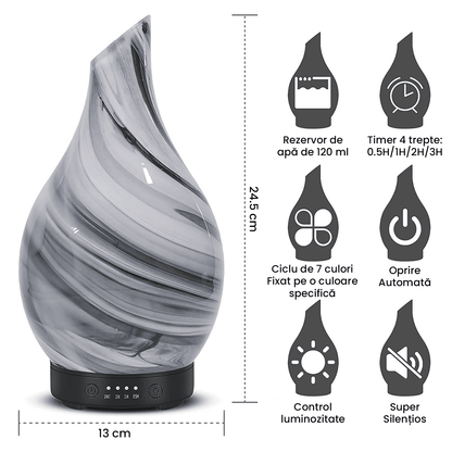 Difuzor Ultrasonic de Uleiuri Esențiale, Aromaterapie și Umidificator de Aer, Rezervor 120 ml, Capac din Sticlă Lucrat Manual, 4 Setări de Timer, Oprire Automată, 7 Culori LED, Gri