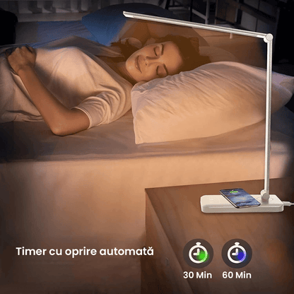 Lampa LED Birou cu Încărcare Wireless, Reglabilă, USB, 5 Moduri, Timer, Argintiu