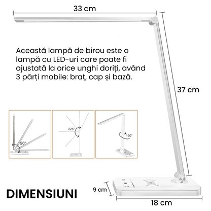 Lampa LED Birou cu Încărcare Wireless, Reglabilă, USB, 5 Moduri, Timer, Argintiu