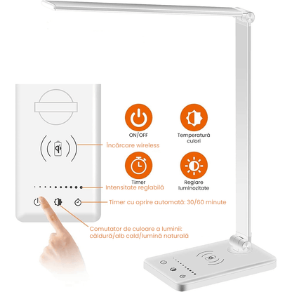 Lampa LED Birou cu Încărcare Wireless, Reglabilă, USB, 5 Moduri, Timer, Argintiu