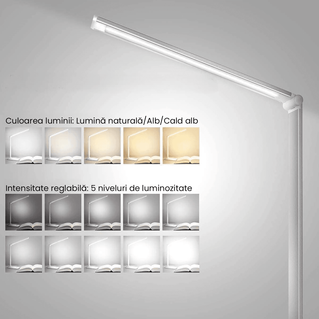 Lampa LED Birou cu Încărcare Wireless, Reglabilă, USB, 5 Moduri, Timer, Argintiu