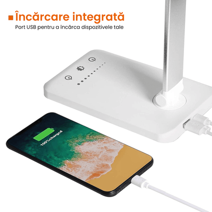 Lampa LED Birou cu Încărcare Wireless, Reglabilă, USB, 5 Moduri, Timer, Argintiu