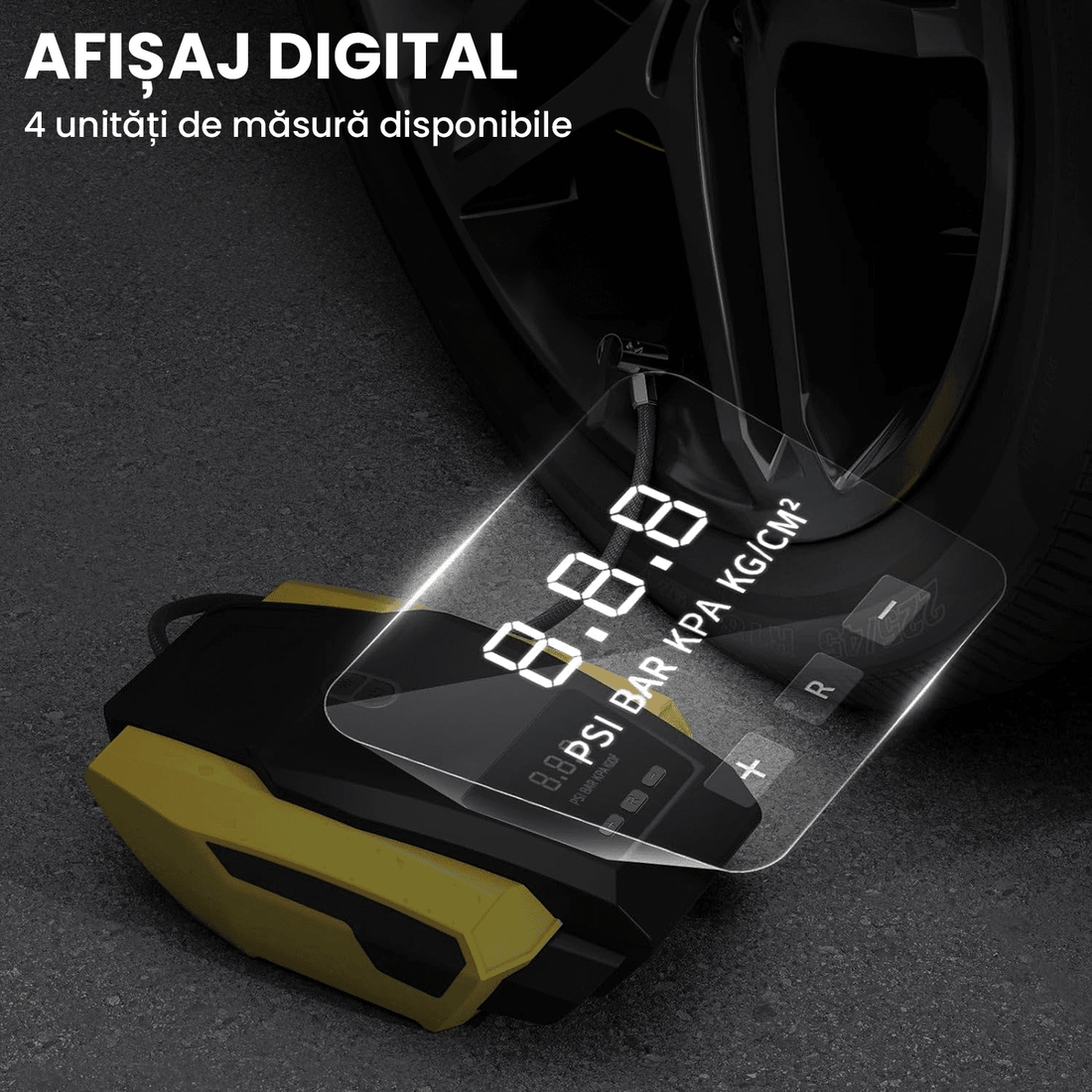 Compresor Auto Digital Portabil cu LED de Urgență, DC 12V, 120W, 6.9 Bari, Cablu 3.6m, Oprire Automată, Negru/Galben