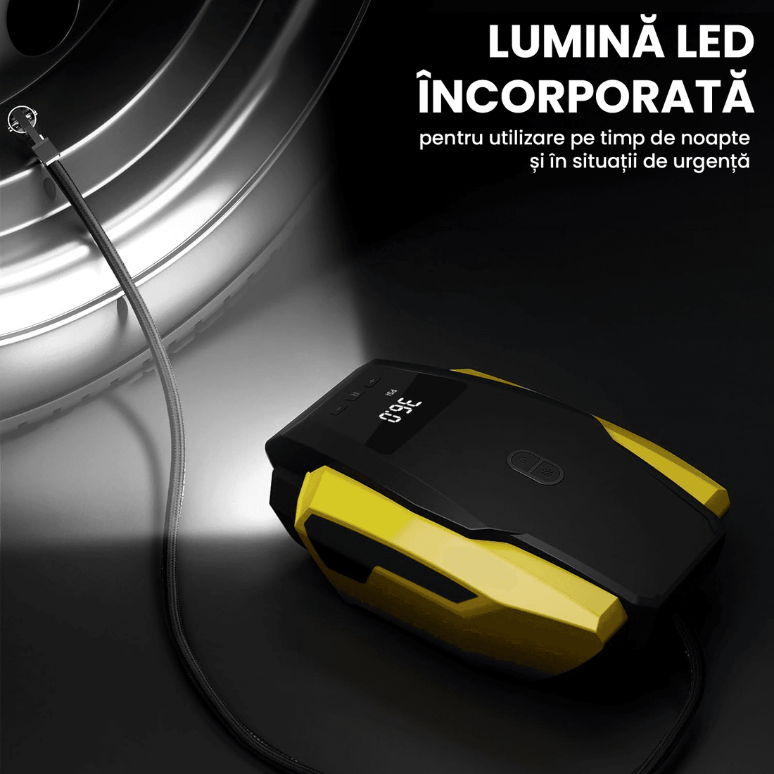 Compresor Auto Digital Portabil cu LED de Urgență, DC 12V, 120W, 6.9 Bari, Cablu 3.6m, Oprire Automată, Negru/Galben