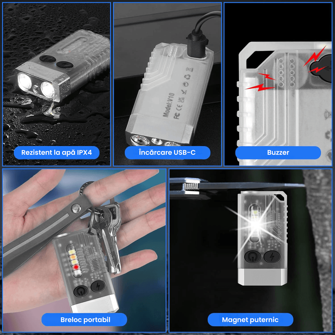 Lanterna LED Mini, 1000 LM, 12 Moduri, COB Laterala, USB-C, UV, Beep Urgență 80 dB, Magnet, 1000mAh, IPX4