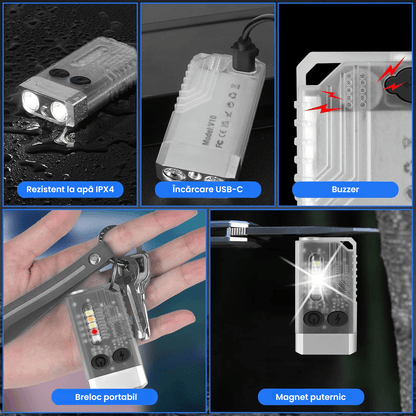 Lanterna LED Mini, 1000 LM, 12 Moduri, COB Laterala, USB-C, UV, Beep Urgență 80 dB, Magnet, 1000mAh, IPX4