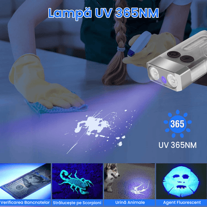 Lanterna LED Mini, 1000 LM, 12 Moduri, COB Laterala, USB-C, UV, Beep Urgență 80 dB, Magnet, 1000mAh, IPX4