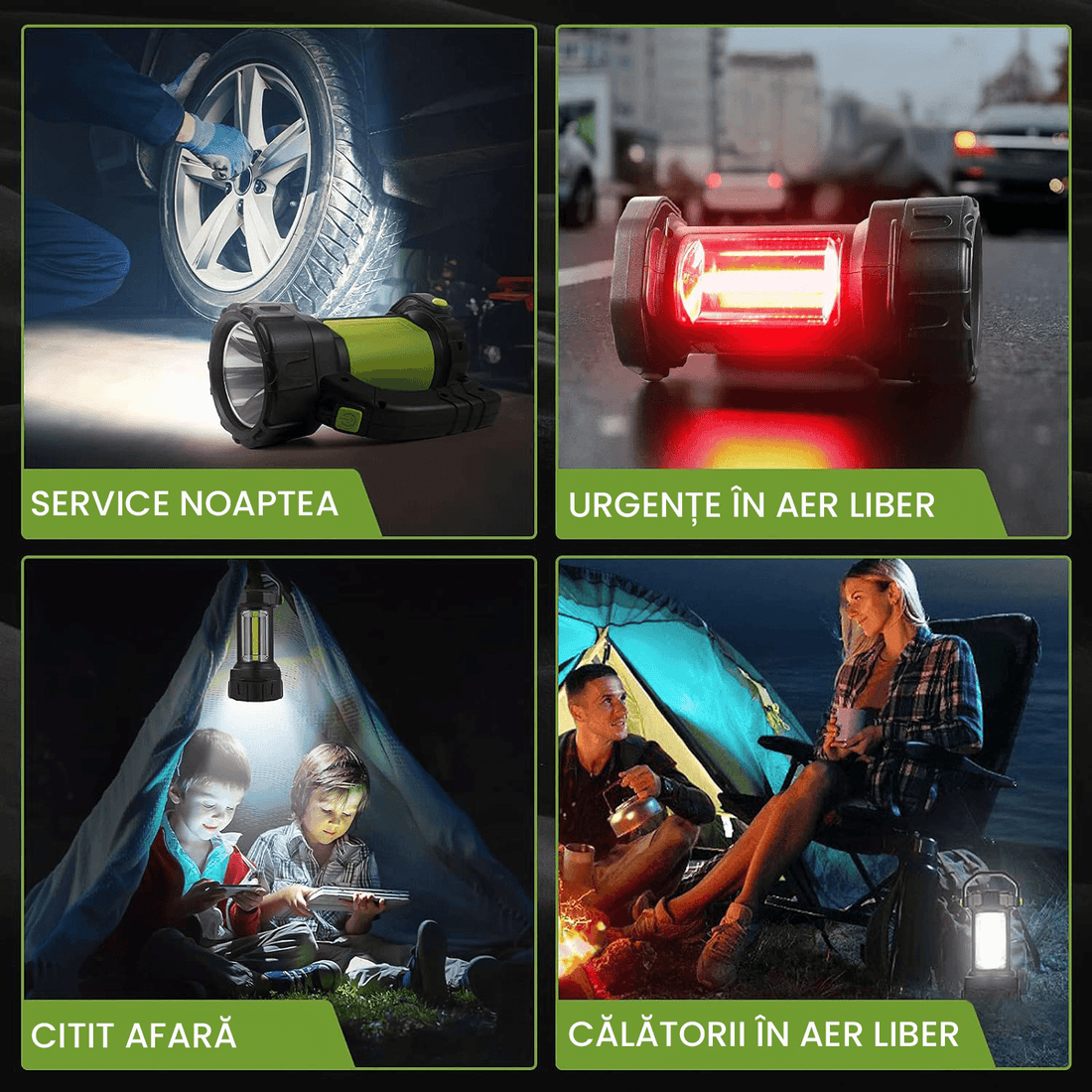 Lanterna LED Camping Reîncărcabilă, 800LM, 500m, Acumulator 3600mAh, 4 în 1, 7 Moduri, Verde/Negru