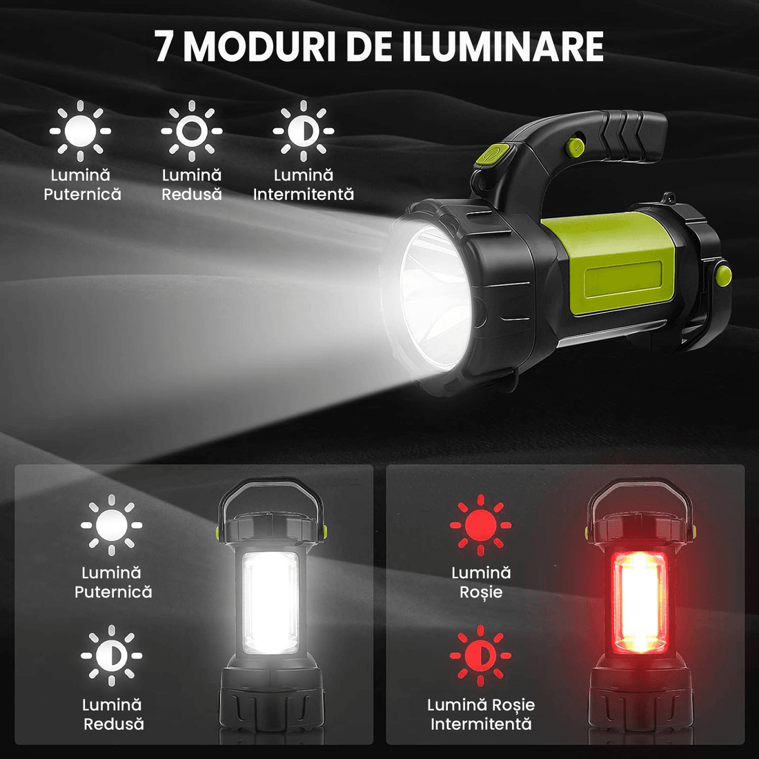 Lanterna LED Camping Reîncărcabilă, 800LM, 500m, Acumulator 3600mAh, 4 în 1, 7 Moduri, Verde/Negru