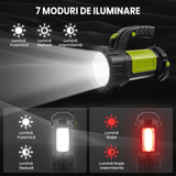 Lanterna LED Camping Reîncărcabilă, 800LM, 500m, Acumulator 3600mAh, 4 în 1, 7 Moduri, Verde/Negru