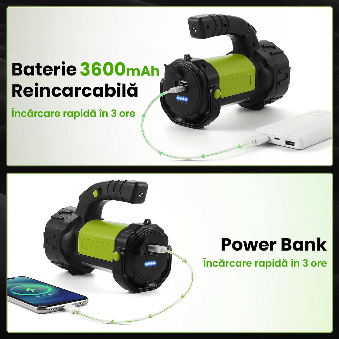 Lanterna LED Camping Reîncărcabilă, 800LM, 500m, Acumulator 3600mAh, 4 în 1, 7 Moduri, Verde/Negru