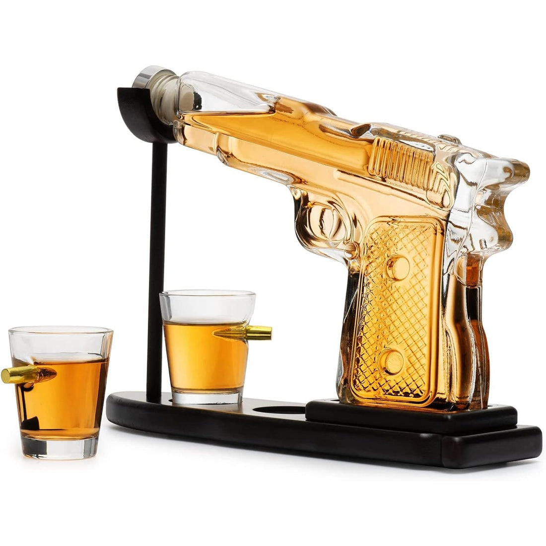 Set Decantor Whiskey Pistol 230 ml cu 2 Pahare de 50 ml și Stativ din Lemn, Transparent
