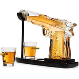 Set Decantor Whiskey Pistol 230 ml cu 2 Pahare de 50 ml și Stativ din Lemn, Transparent