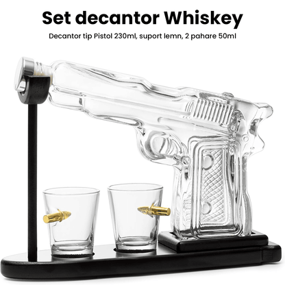 Set Decantor Whiskey Pistol 230 ml cu 2 Pahare de 50 ml și Stativ din Lemn, Transparent