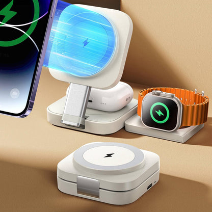 Incarcator Wireless 3 in 1 Elindor® Portabil MagSafe, 15W Qi Fast Charger, Statie Pliabila de Incarcare Magnetica, Stand de Birou pentru iPhone, Apple Watch si AirPods, Incarcator Fara Fir, Alb
