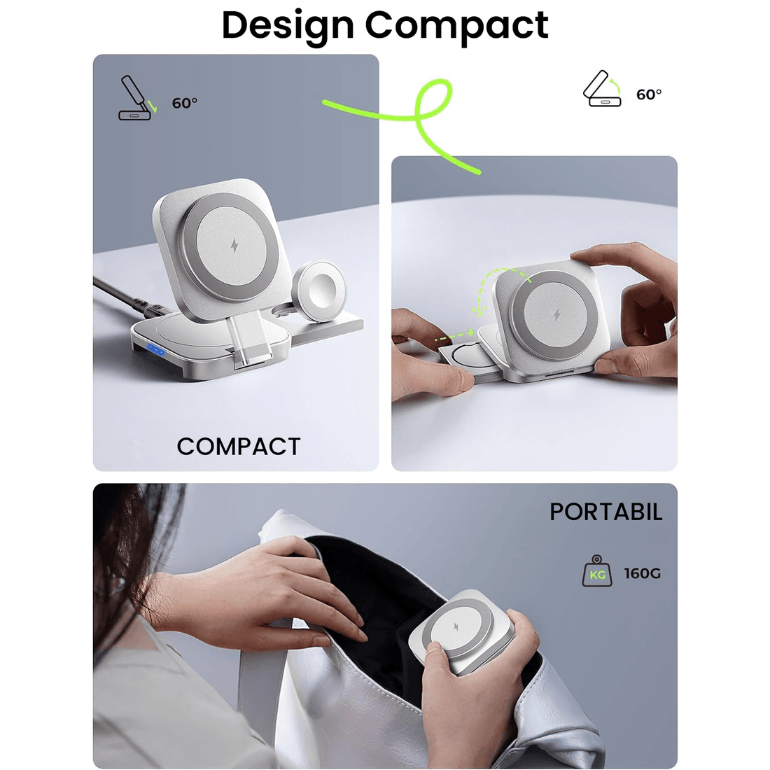 Incarcator Wireless 3 in 1 Elindor® Portabil MagSafe, 15W Qi Fast Charger, Statie Pliabila de Incarcare Magnetica, Stand de Birou pentru iPhone, Apple Watch si AirPods, Incarcator Fara Fir, Alb