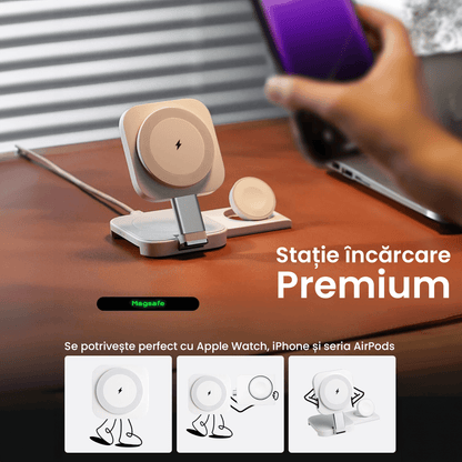 Încărcător Wireless 3 în 1 Pliabil pentru Apple, Magsafe, iPhone, iPad, AirPods, Alb