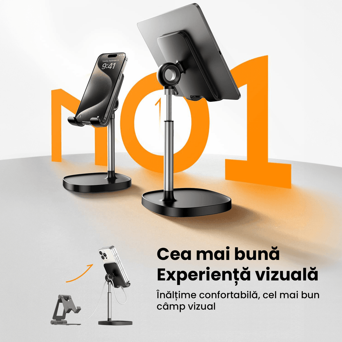 Suport Universal Birou pentru Telefon/Tabletă, Reglabil, Anti-Alunecare, Ergonomic, 4-10 inch, Negru