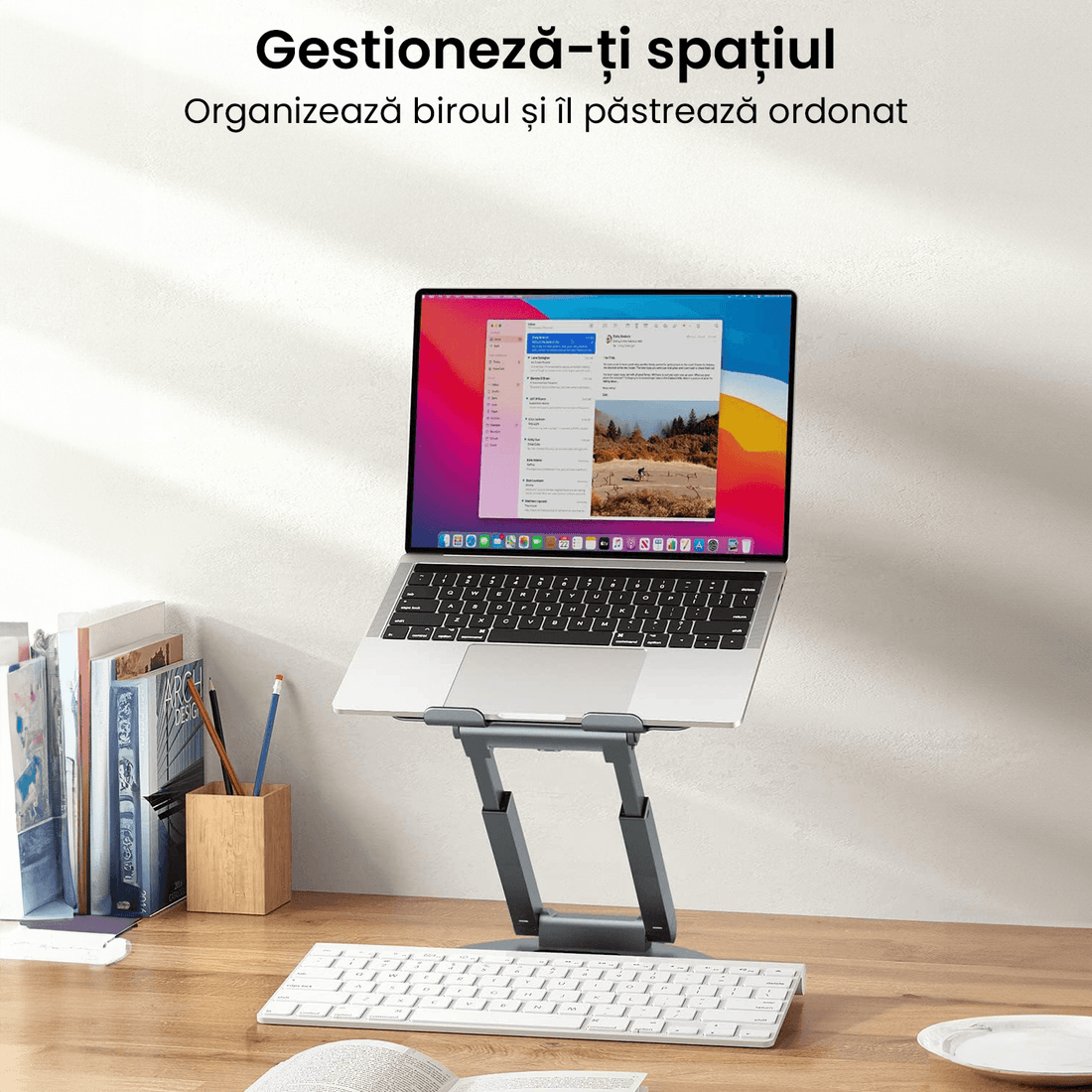 Suport Laptop Ergonomic Reglabil 360°, Portabil, Universal, Pliabil, Silicon Antiderapant, Gri D031