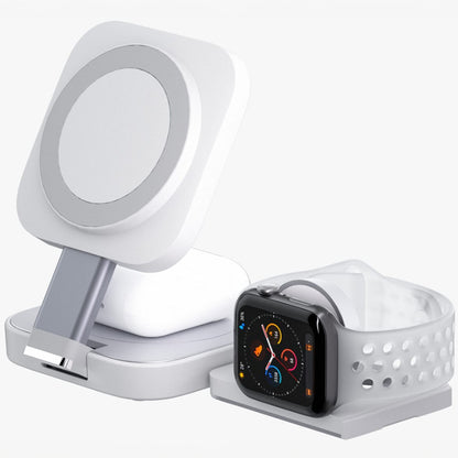 Incarcator Wireless 3 in 1 Elindor® Portabil MagSafe, 15W Qi Fast Charger, Statie Pliabila de Incarcare Magnetica, Stand de Birou pentru iPhone, Apple Watch si AirPods, Incarcator Fara Fir, Alb