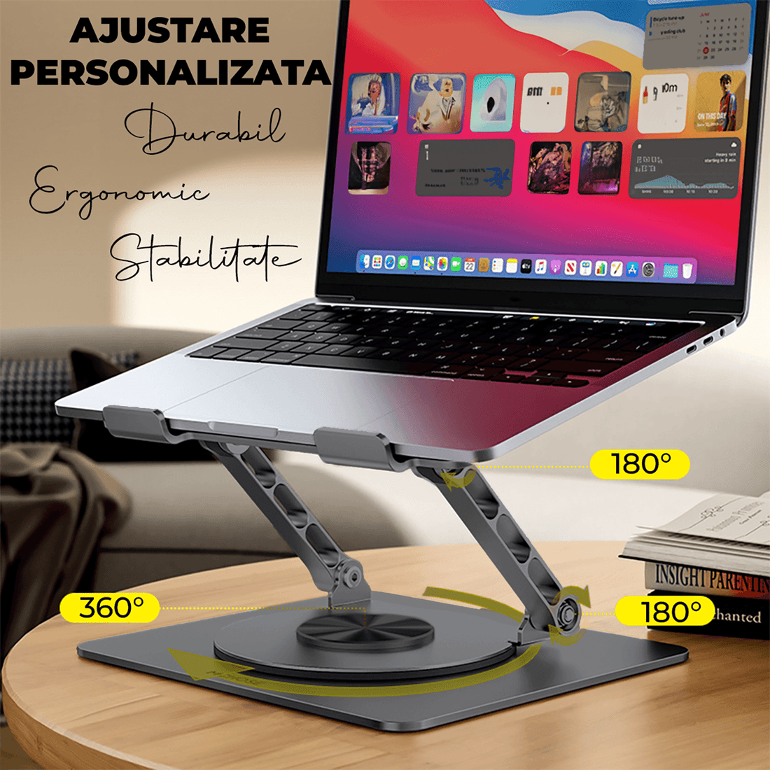 Suport Laptop Ergonomic Reglabil 360°, Portabil, Universal, Pliabil, Silicon Antiderapant, Negru D031