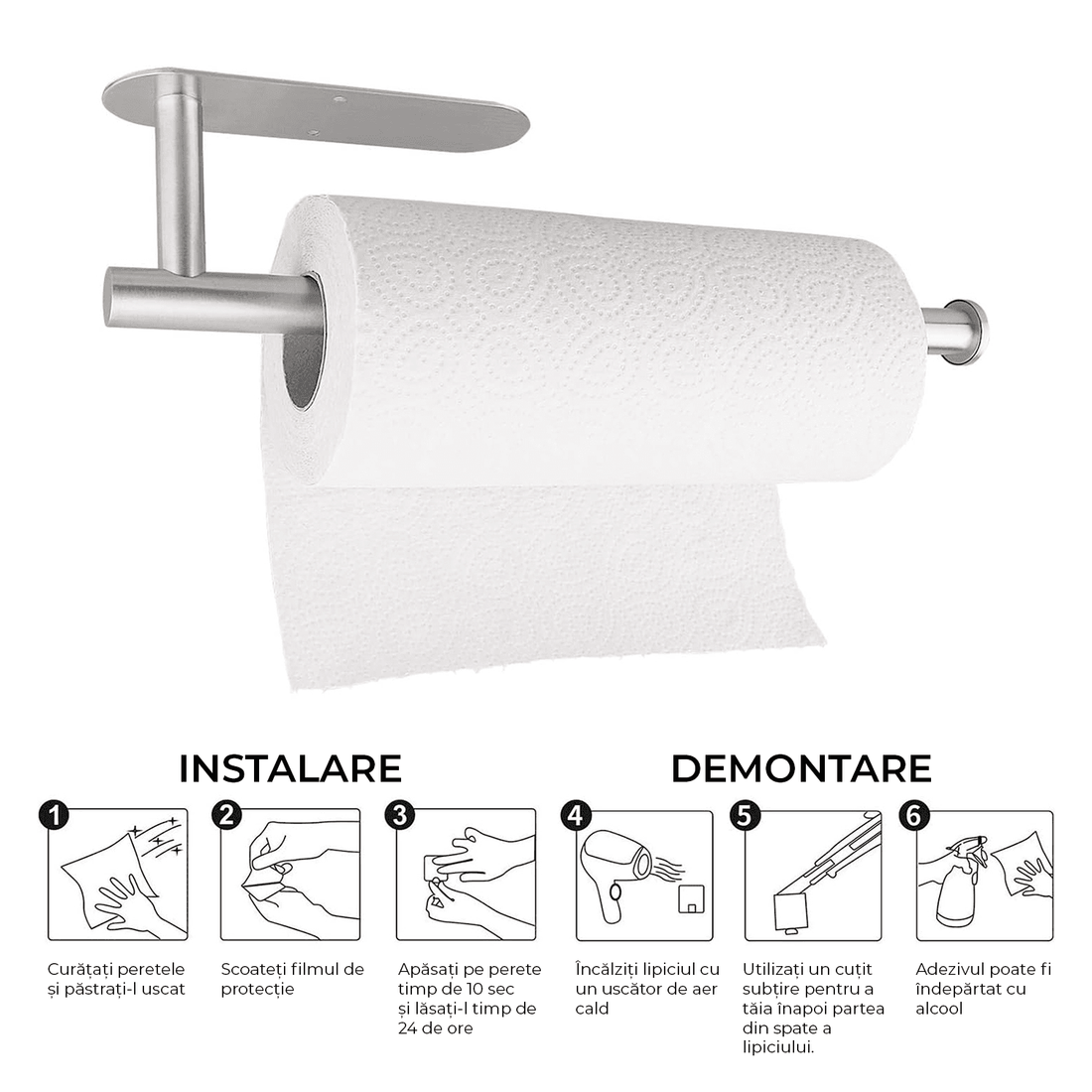 Suport Rola Hârtie Bucătărie, Oțel Inoxidabil, 33,5 cm, Montaj Autoadeziv sau Însurubare, Argintiu