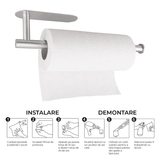 Suport Rola Hârtie Bucătărie, Oțel Inoxidabil, 33,5 cm, Montaj Autoadeziv sau Însurubare, Argintiu