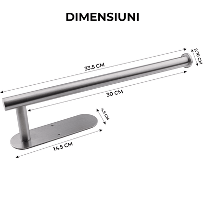 Suport Rola Hârtie Bucătărie, Oțel Inoxidabil, 33,5 cm, Montaj Autoadeziv sau Însurubare, Argintiu