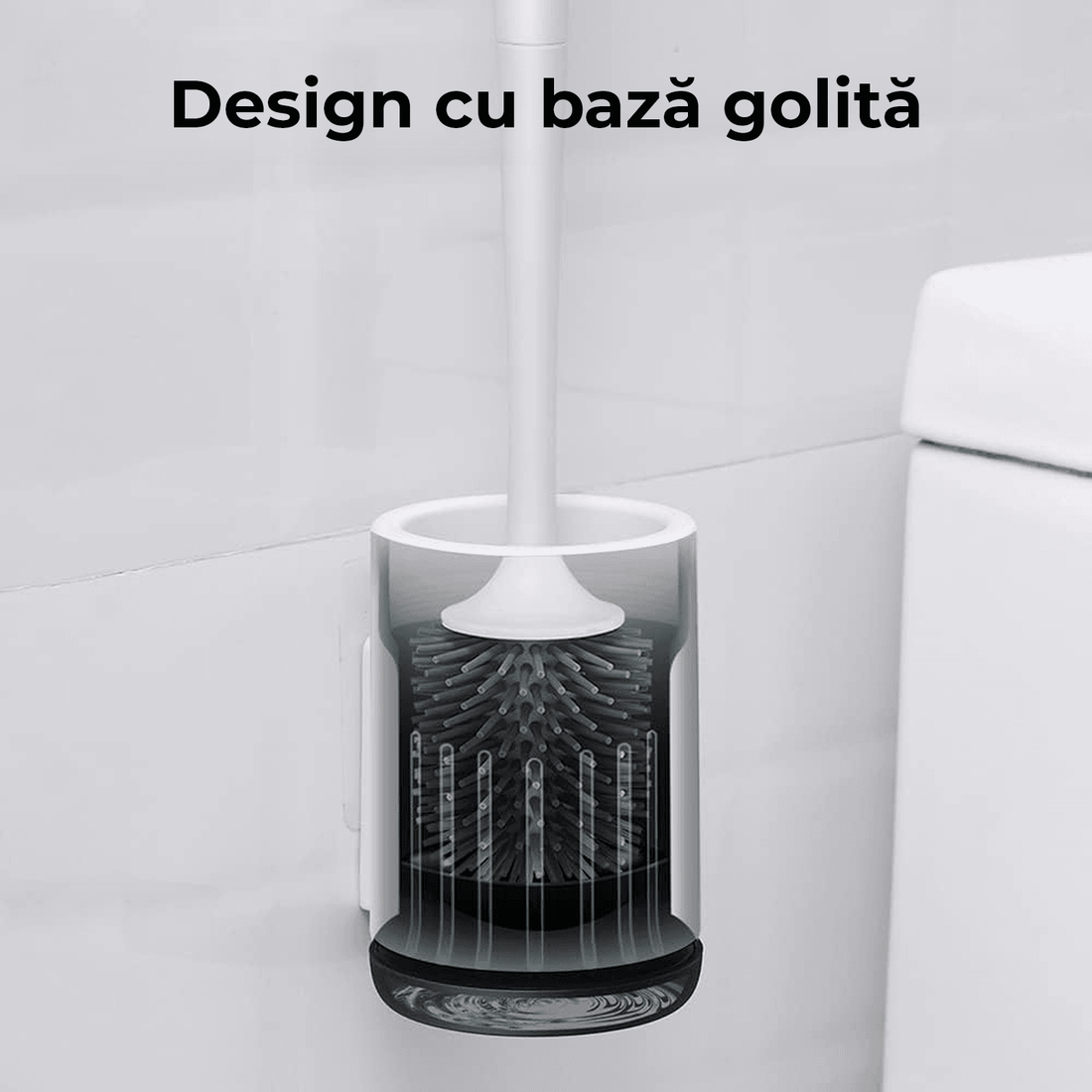 Set Perie Toaletă Silicon 360°, Suport Ventilat, Capac, Mâner Ergonomic, Fără Picurare, Prindere Pe Perete, Alb