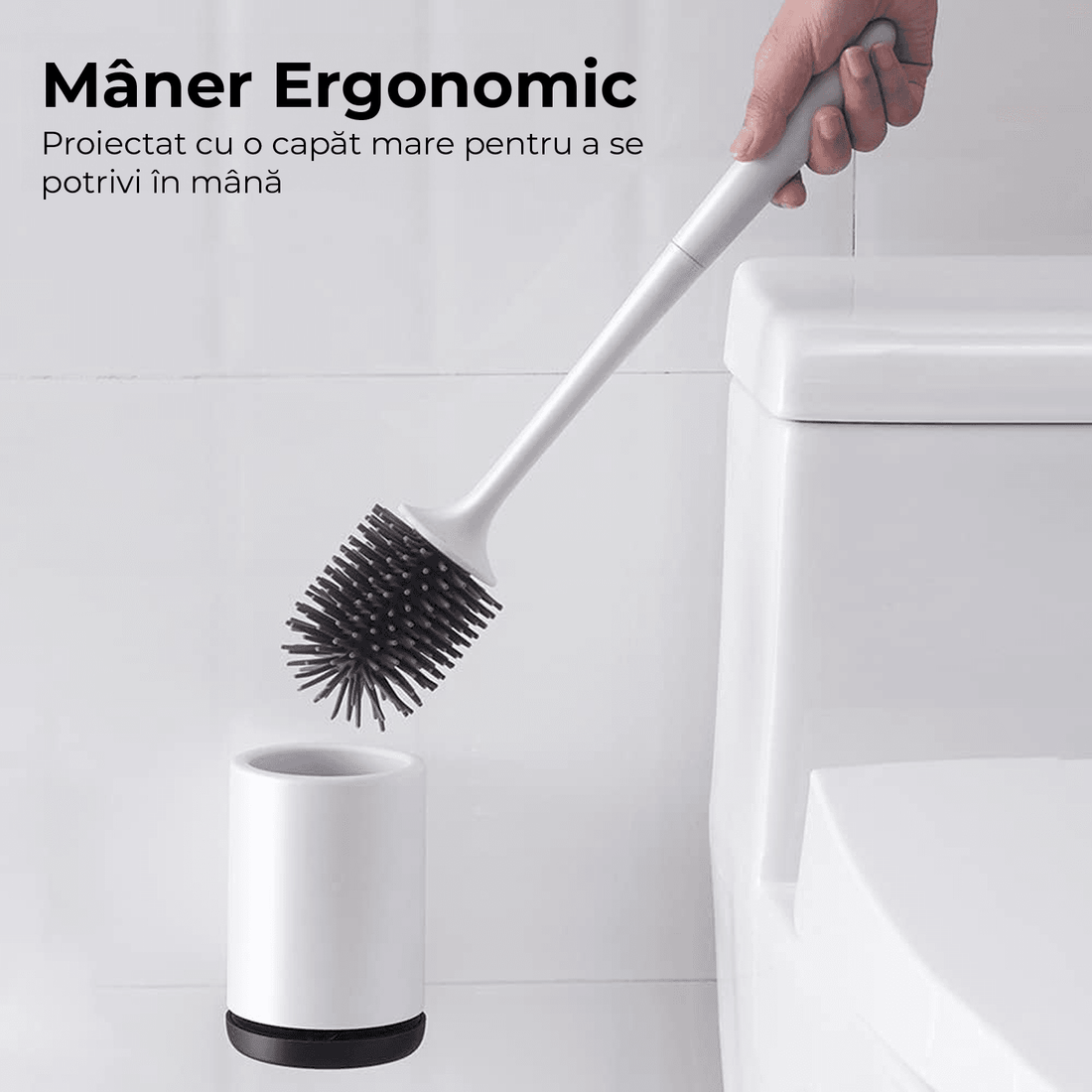 Set Perie Toaletă Silicon 360°, Suport Ventilat, Capac, Mâner Ergonomic, Fără Picurare, Prindere Pe Perete, Alb