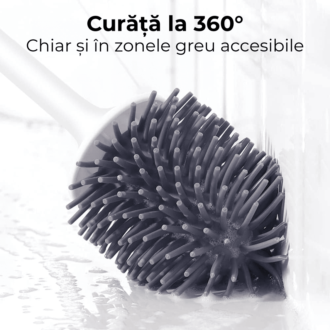 Set Perie Toaletă Silicon 360°, Suport Ventilat, Capac, Mâner Ergonomic, Fără Picurare, Prindere Pe Perete, Alb