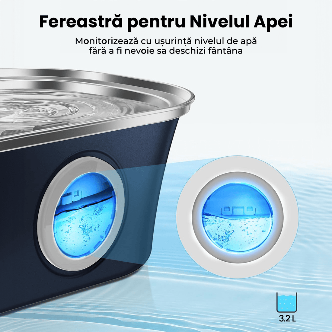 Dispenser Automat Apă pentru Pisici și Câini, 3.2 L, Oțel Inoxidabil, Filtrare Multiplu, Ultra-Silentios, Albastru