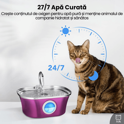 Dispenser Automat Apă pentru Pisici și Câini, 3.2 L, Oțel Inoxidabil, Filtrare Multiplu, Ultra-Silentios, Roz