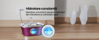 Dispenser Automat Apă pentru Pisici și Câini, 3.2 L, Oțel Inoxidabil, Filtrare Multiplu, Ultra-Silentios, Roz