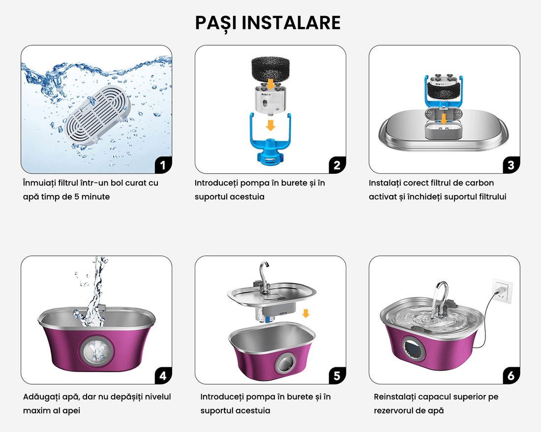 Dispenser Automat Apă pentru Pisici și Câini, 3.2 L, Oțel Inoxidabil, Filtrare Multiplu, Ultra-Silentios, Roz