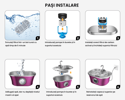 Dispenser Automat Apă pentru Pisici și Câini, 3.2 L, Oțel Inoxidabil, Filtrare Multiplu, Ultra-Silentios, Roz