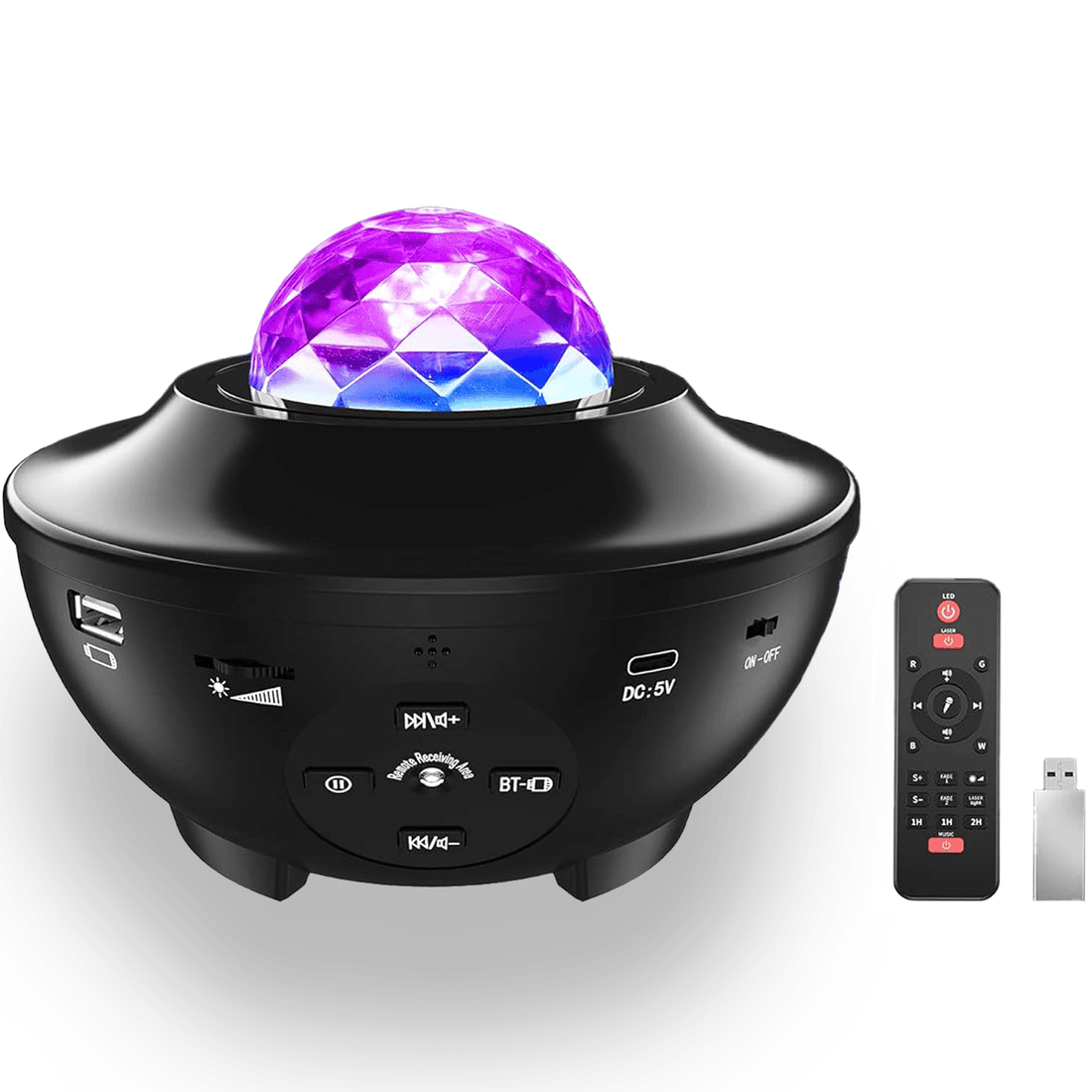 Lampă de veghe copii 4 în 1, proiector stele, 21 moduri, sunete, Bluetooth, USB, difuzor, telecomandă, temporizator, negru.