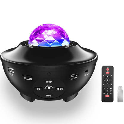 Lampă de veghe copii 4 în 1, proiector stele, 21 moduri, sunete, Bluetooth, USB, difuzor, telecomandă, temporizator, negru.