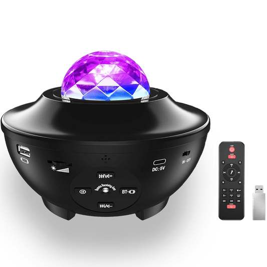 Lampă de veghe copii 4 în 1, proiector stele, 21 moduri, sunete, Bluetooth, USB, difuzor, telecomandă, temporizator, negru.