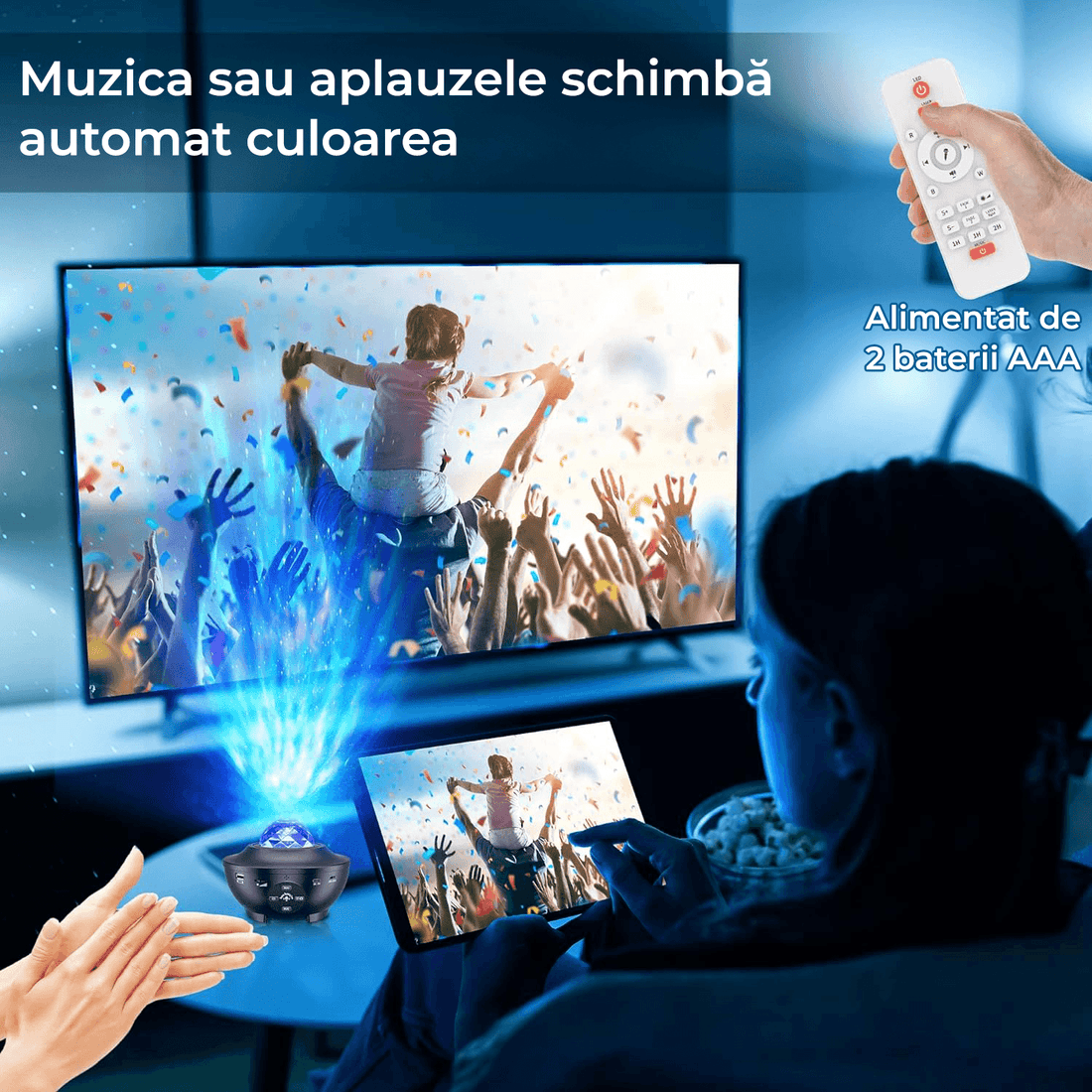 Lampă de veghe copii 4 în 1, proiector stele, 21 moduri, sunete, Bluetooth, USB, difuzor, telecomandă, temporizator, negru.