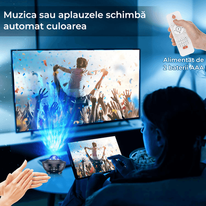 Lampă de veghe copii 4 în 1, proiector stele, 21 moduri, sunete, Bluetooth, USB, difuzor, telecomandă, temporizator, negru.