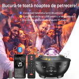 Lampă de veghe copii 4 în 1, proiector stele, 21 moduri, sunete, Bluetooth, USB, difuzor, telecomandă, temporizator, negru.