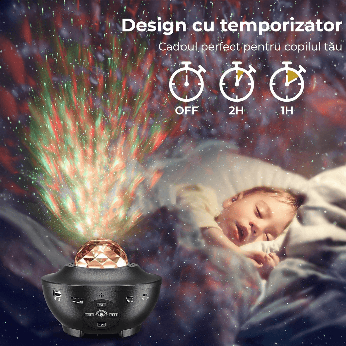 Lampă de veghe copii 4 în 1, proiector stele, 21 moduri, sunete, Bluetooth, USB, difuzor, telecomandă, temporizator, negru.